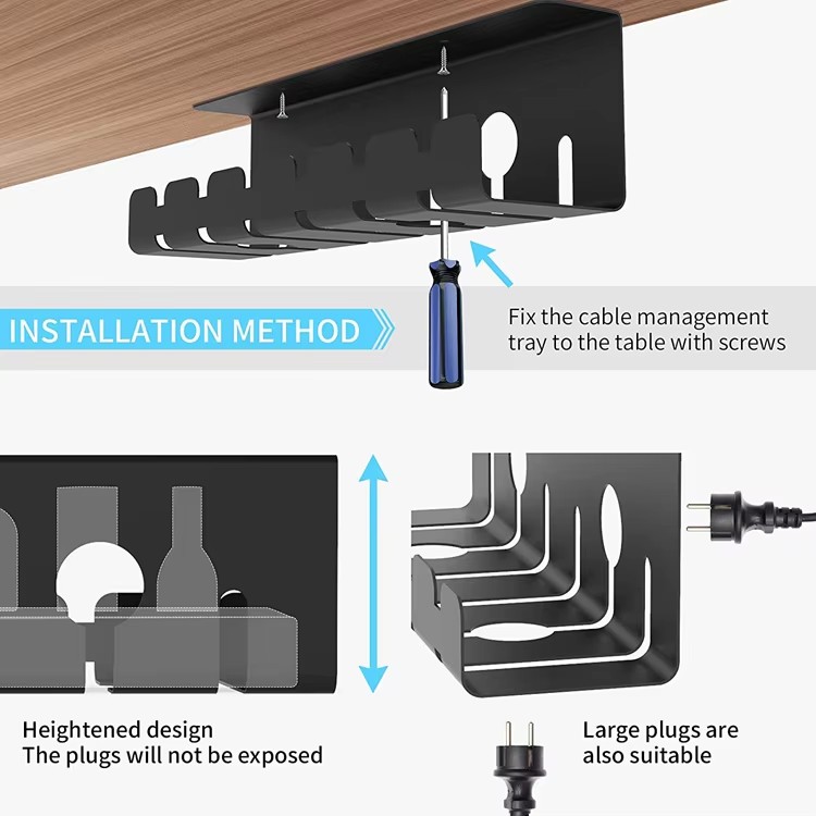 Stand up Desk Store Under Desk Cable Management Tray Black Horizontal Computer Cord Raceway and Modesty Panel