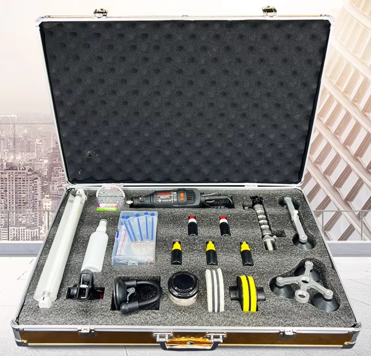 Professional Car Front Windshield Repair Kit with Stainless Steel Vacuum Glue Injection Pump Accessory Tool Box for Crack Repair