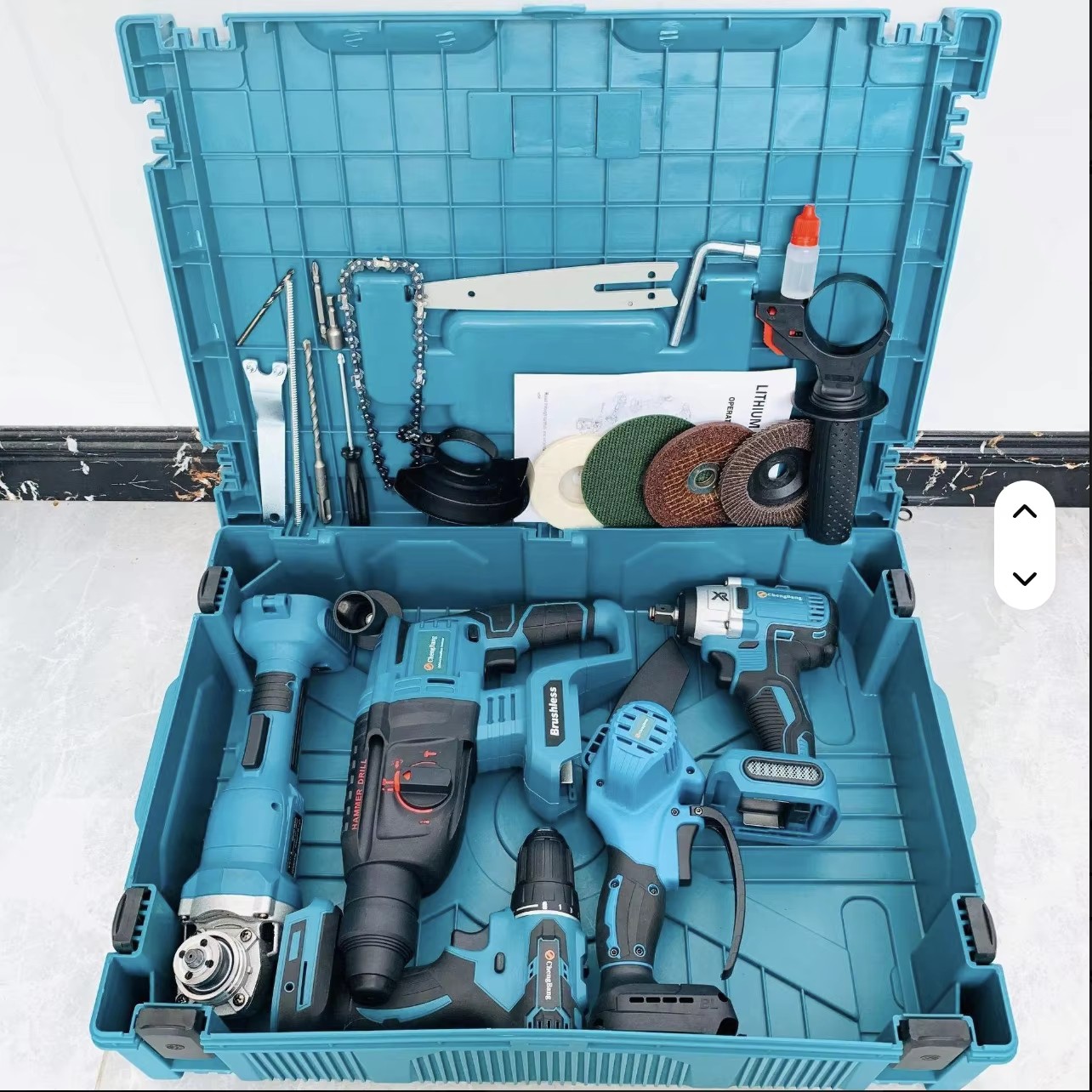 5-Pcs Power Tool with Angle Grinder Power Wrench 48vDrill Machine Hammer Drill Chian Saw Tool Box 10cells*2000mah Battery