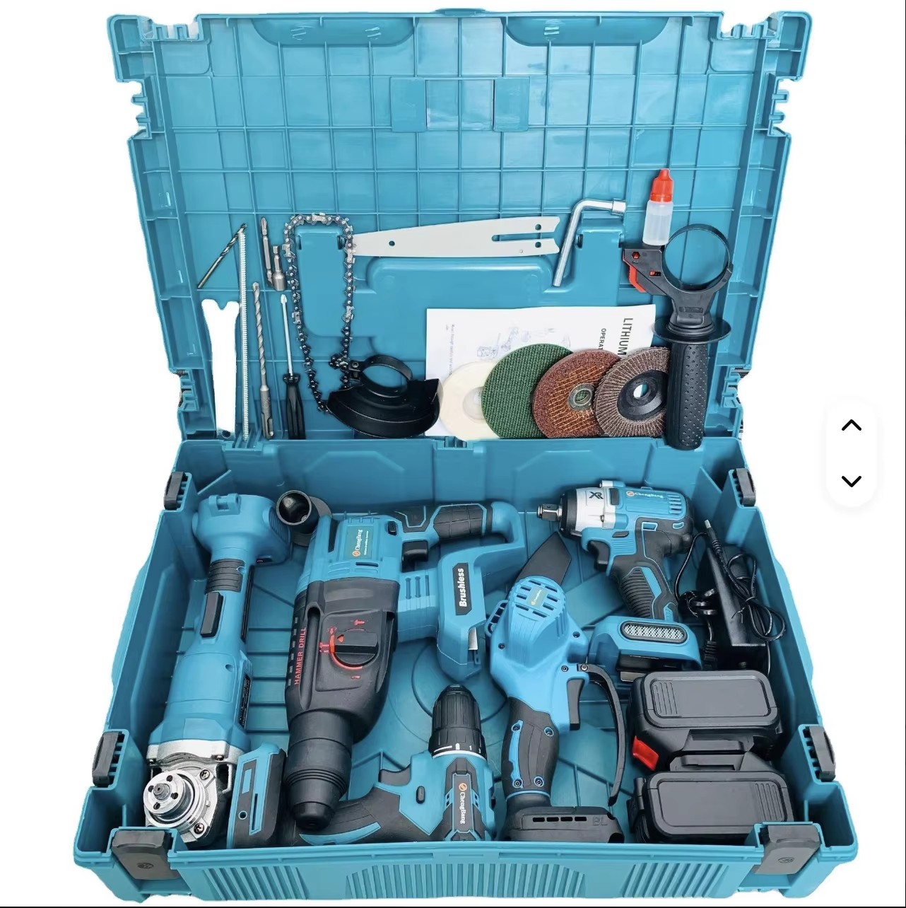 5-Pcs Power Tool with Angle Grinder Power Wrench 48vDrill Machine Hammer Drill Chian Saw Tool Box 10cells*2000mah Battery