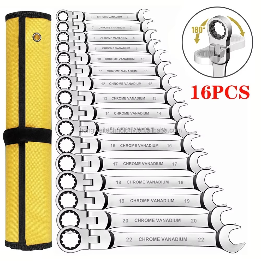 Ratcheting Combination Wrench Set 6-22mm Metric Flex Head Ratcheting Wrench Chrome Vanadium Steel Spanner with Bag