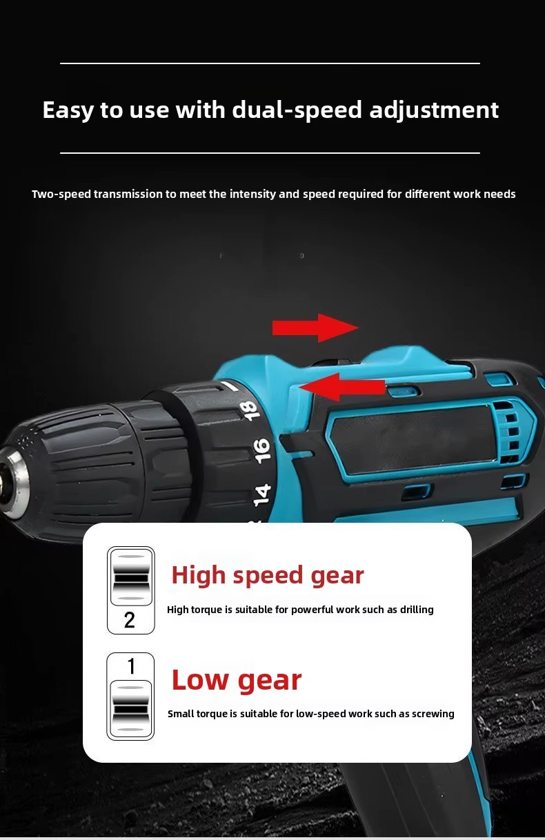 Dual-Speed Lithium Electric Cordless Impact Drill Screwdriver Multi-Function Cross-Border Variable Speed Drill Keyless OEM