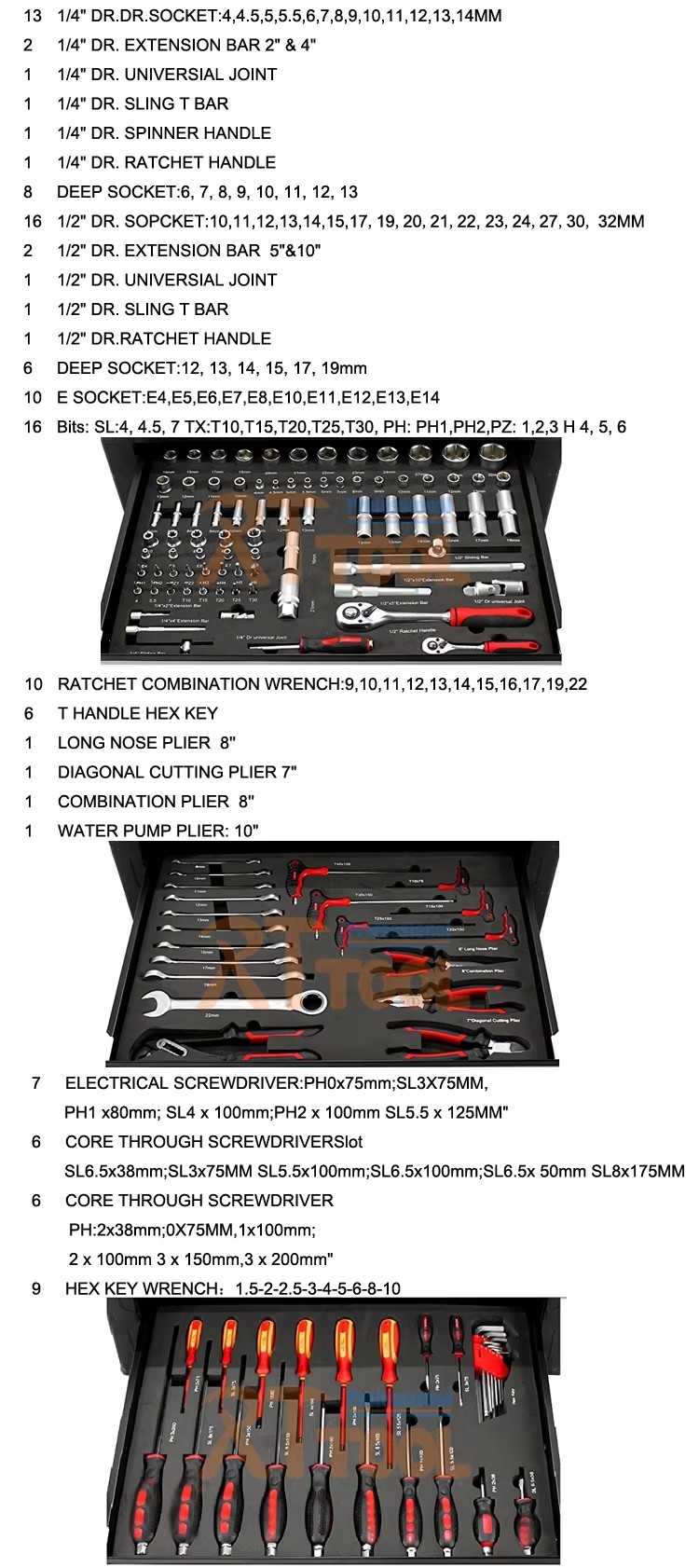 290 PCS Rolling Tool Cabinet With Mechanical Tools