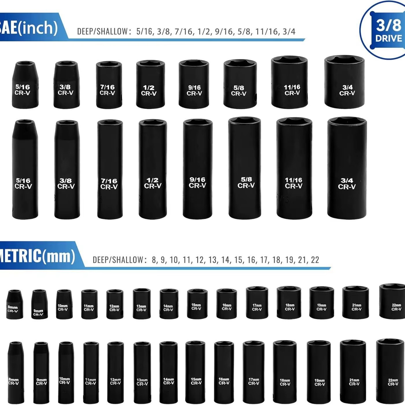 50-Piece 3/8" Drive Socket Set with SAE & Metric Sizes Deep Shallow Ratchet Wrench Extensions Adapters for Versatile Use