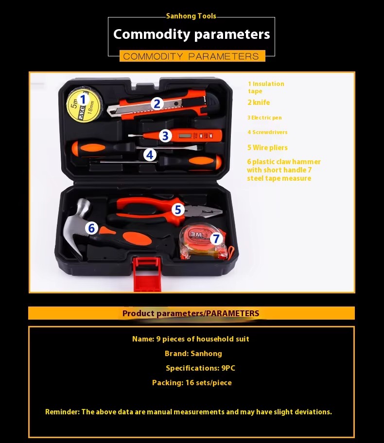 9-Piece Hand Tools Gift Set Supply Home Car Repair Tool Box with Ratchet Wrench and Socket Bit Combination Set