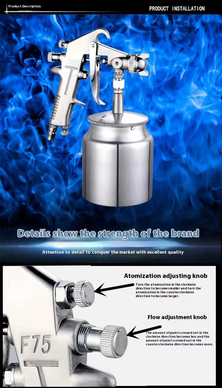 Industrial F-75 Pneumatic High Atomization Spray Gun 1.3mm Nozzle Aluminum Furniture Car Paint Glue Upper & Lower Pot