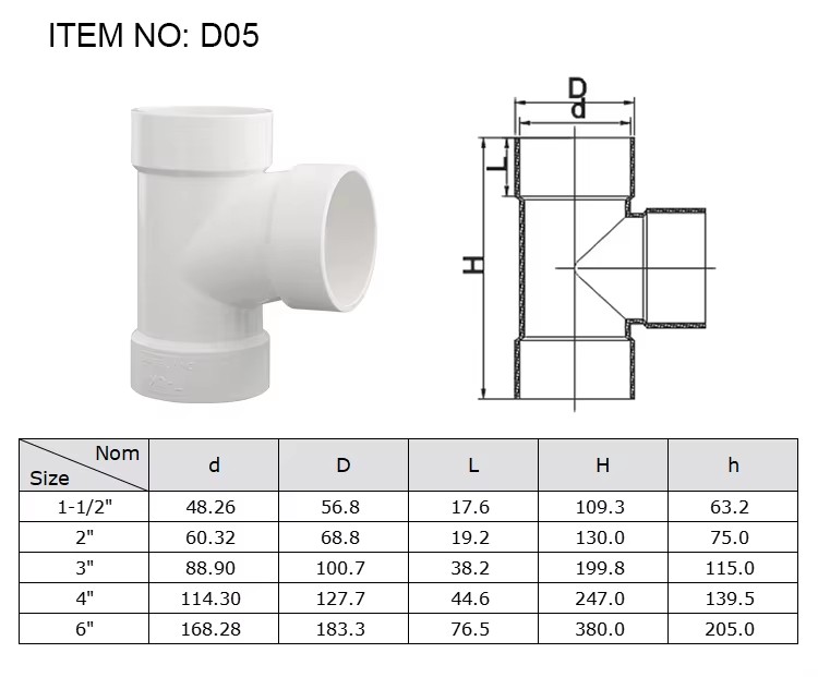 Factory Superior Quality Pvc Sewer Pipe 6 Inch to 2 Inch DWV Straight Tee Joint Plastic Pipe Fitting