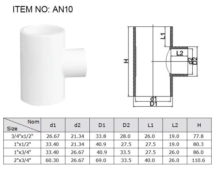 3/4"x1/2"-2"x3/4" Factory Wholesale Customized Size PVC Series Reducing Tee Plumbing Pipe Fitting Tee