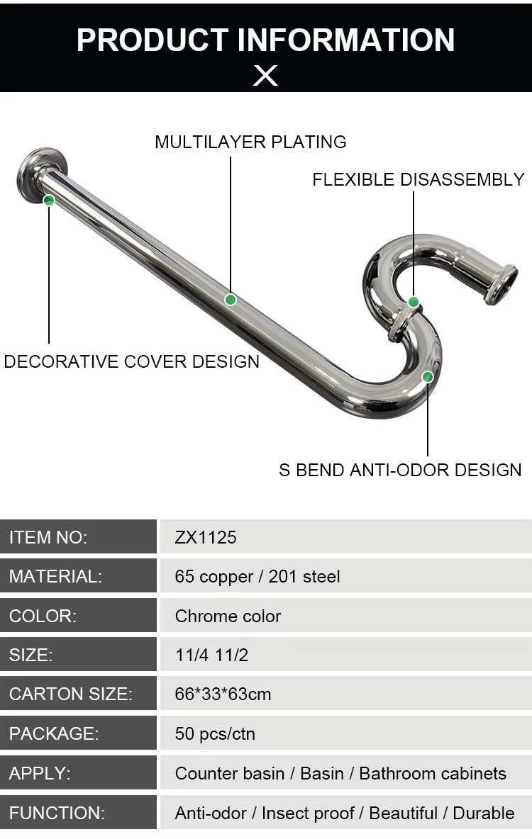 Sink Tail Drain Pipe Pop up P-trap Siphon Plain for Bathroom Basin Waste Stainless Steel Bends Pipe