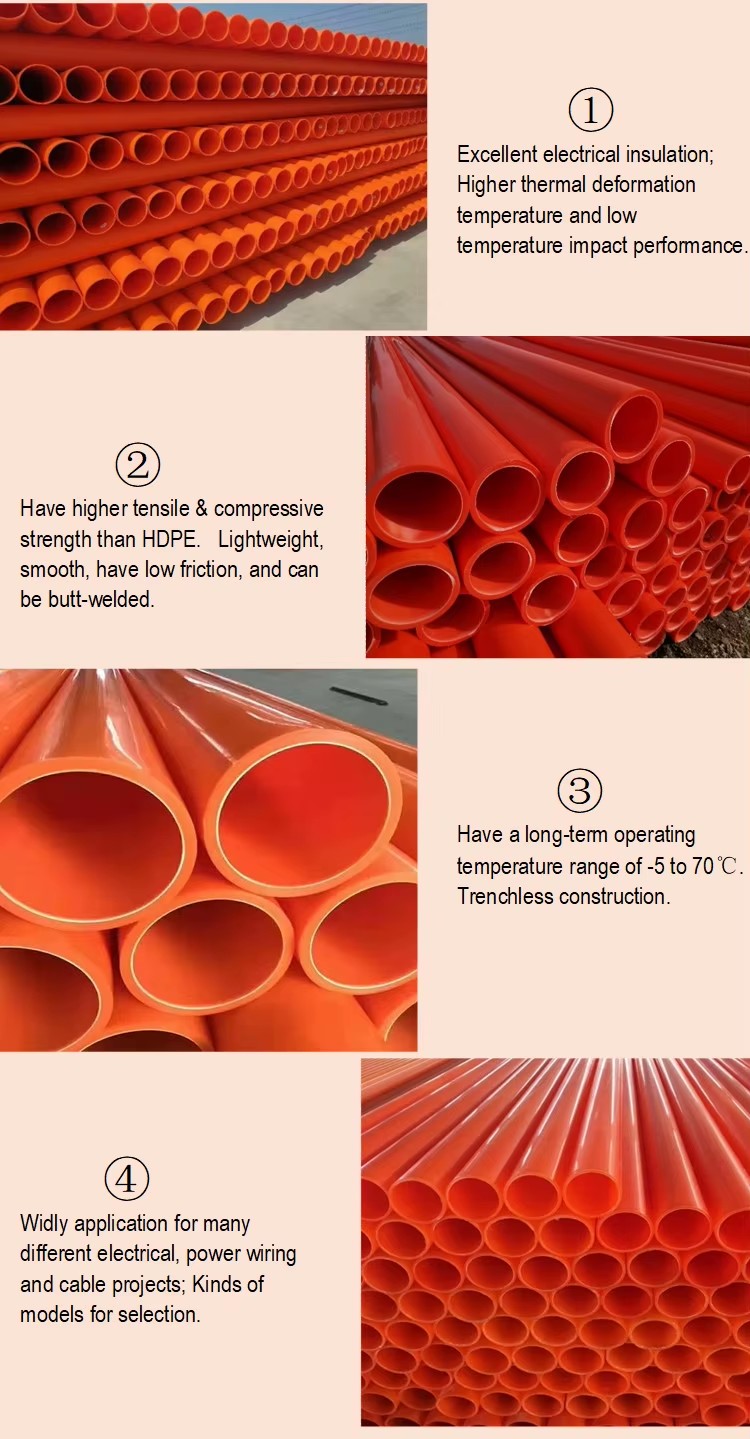 Factory Direct Supply High Quality Brand Orange MPP Power Cable Pipes DN75-DN315 Excellent Electrical Insulation Plastic