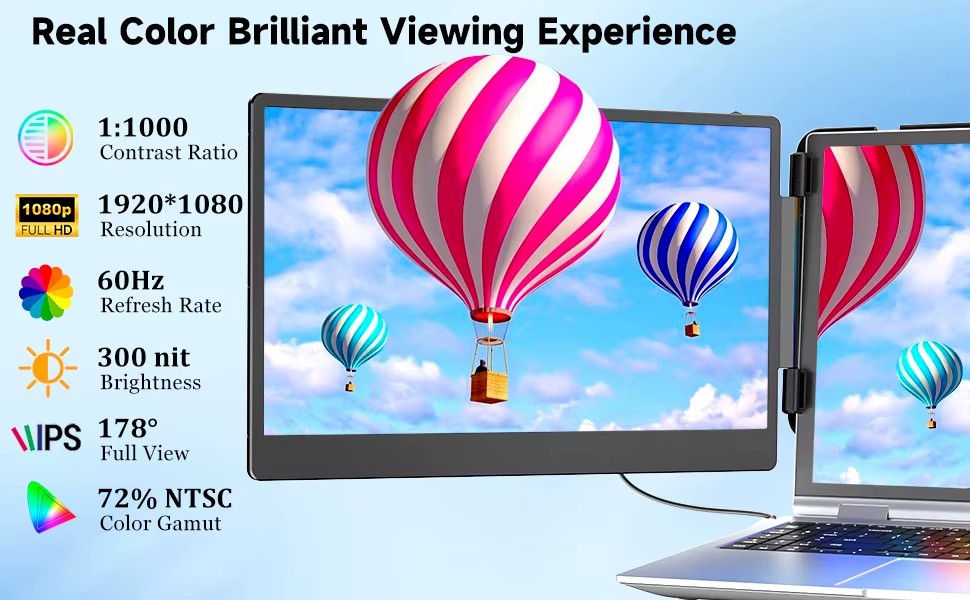 14 Inch High Brightness Full HD 1080P IPS Adjustable S1 Portable Laptop Screen Extender Monitor for Business Gaming Travel