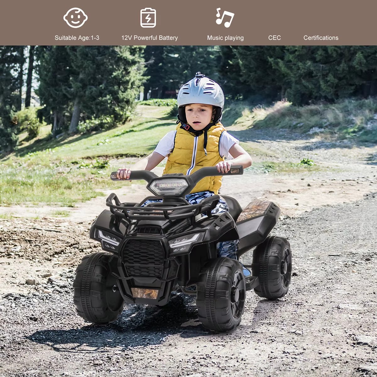 Kids Electric Ride on ATV,6V Battery Headlights, MP3, USB, Volume Control, Best Gifts for 18-36 Months Boys Girls Black