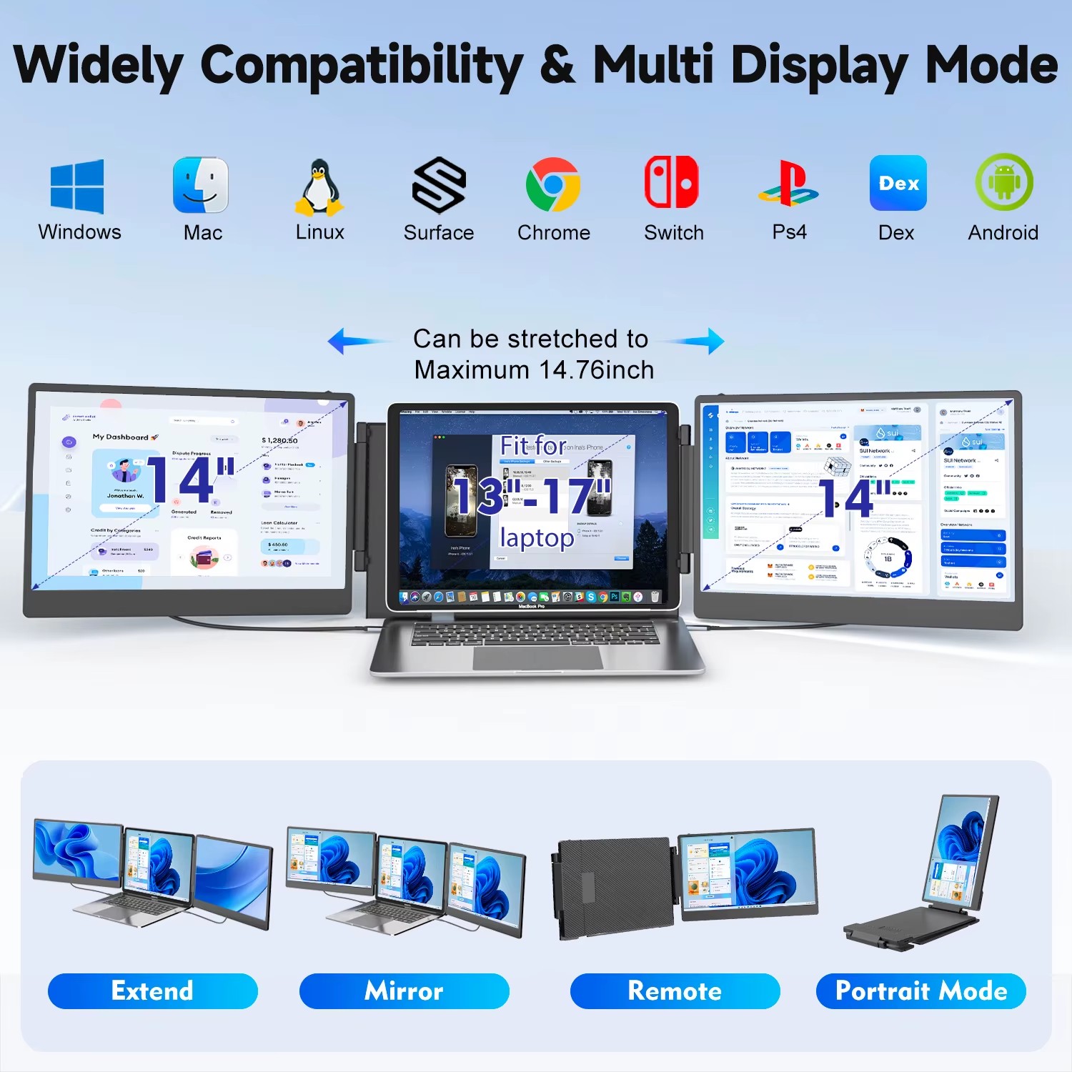 2025 New Design FHD 1080P 14-inch Portable S3 Three Screen Extended Laptop Portable Monitor for Gaming Traveling Business