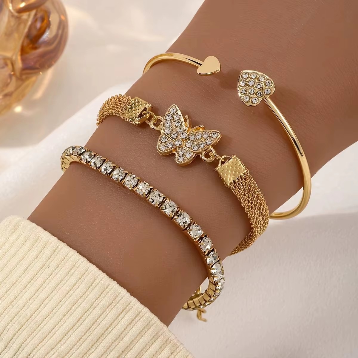 TZ033 New Crystal Bezel Love Heart Bracelet Set with Butterfly Accents - Stackable Dainty Chain Gift for Her