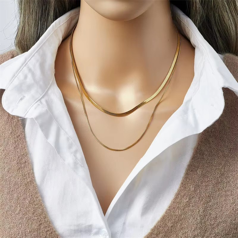 XL027 German Style 18K Gold Flat Snake Chain Double Layer Titanium Steel Snake Rope Choker Necklace with Diamond Luxury Gift