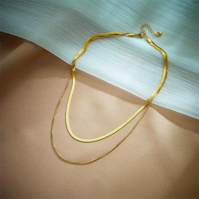 XL027 German Style 18K Gold Flat Snake Chain Double Layer Titanium Steel Snake Rope Choker Necklace with Diamond Luxury Gift