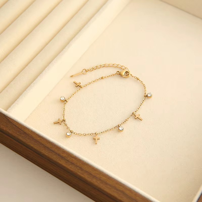 SL169 18K Gold Plated Dainty Charm Bracelet, Stainless Steel Heart Star Flower CZ Jewelry for Women
