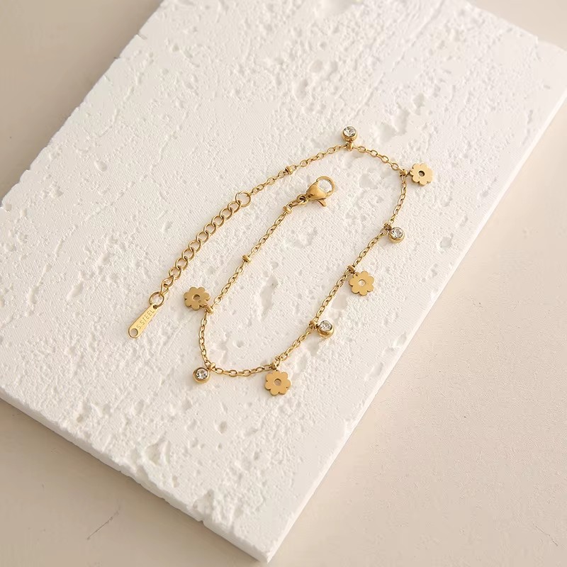 SL169 18K Gold Plated Dainty Charm Bracelet, Stainless Steel Heart Star Flower CZ Jewelry for Women
