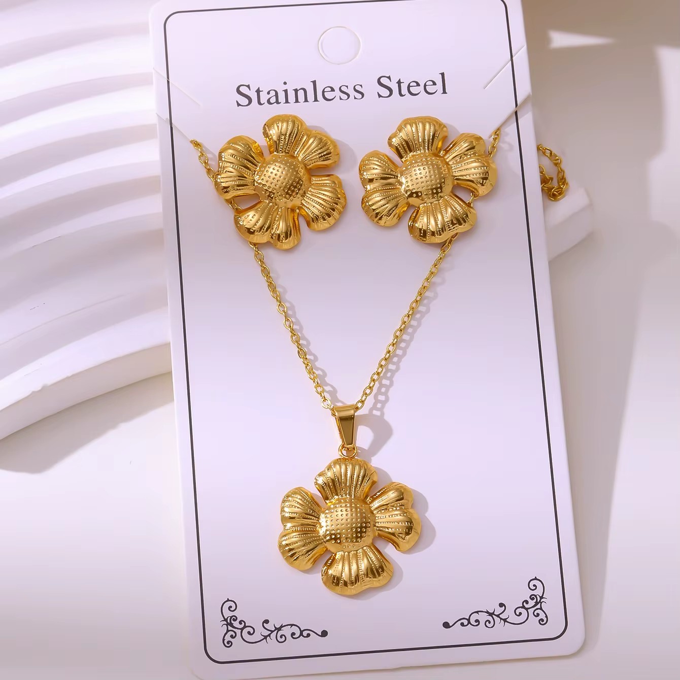 TZ052 Women's Stainless Steel Gold Plated Pearl Necklace and Earring Set Flower Butterfly Irregular Circular Pendant for Gifts