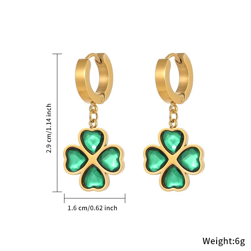 TZ013 Lucky Flower Stainless Steel Jewelry 18K Gold Plated Green CZ Necklace Bracelet Earrings Set Non Tarnish