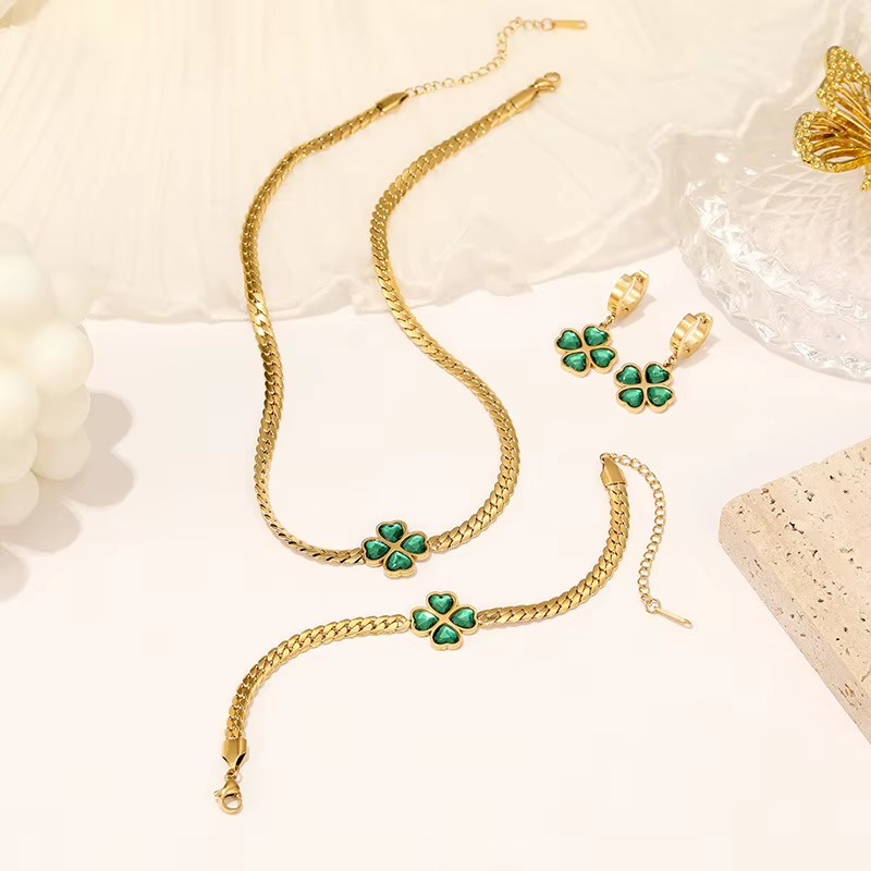 TZ013 Lucky Flower Stainless Steel Jewelry 18K Gold Plated Green CZ Necklace Bracelet Earrings Set Non Tarnish