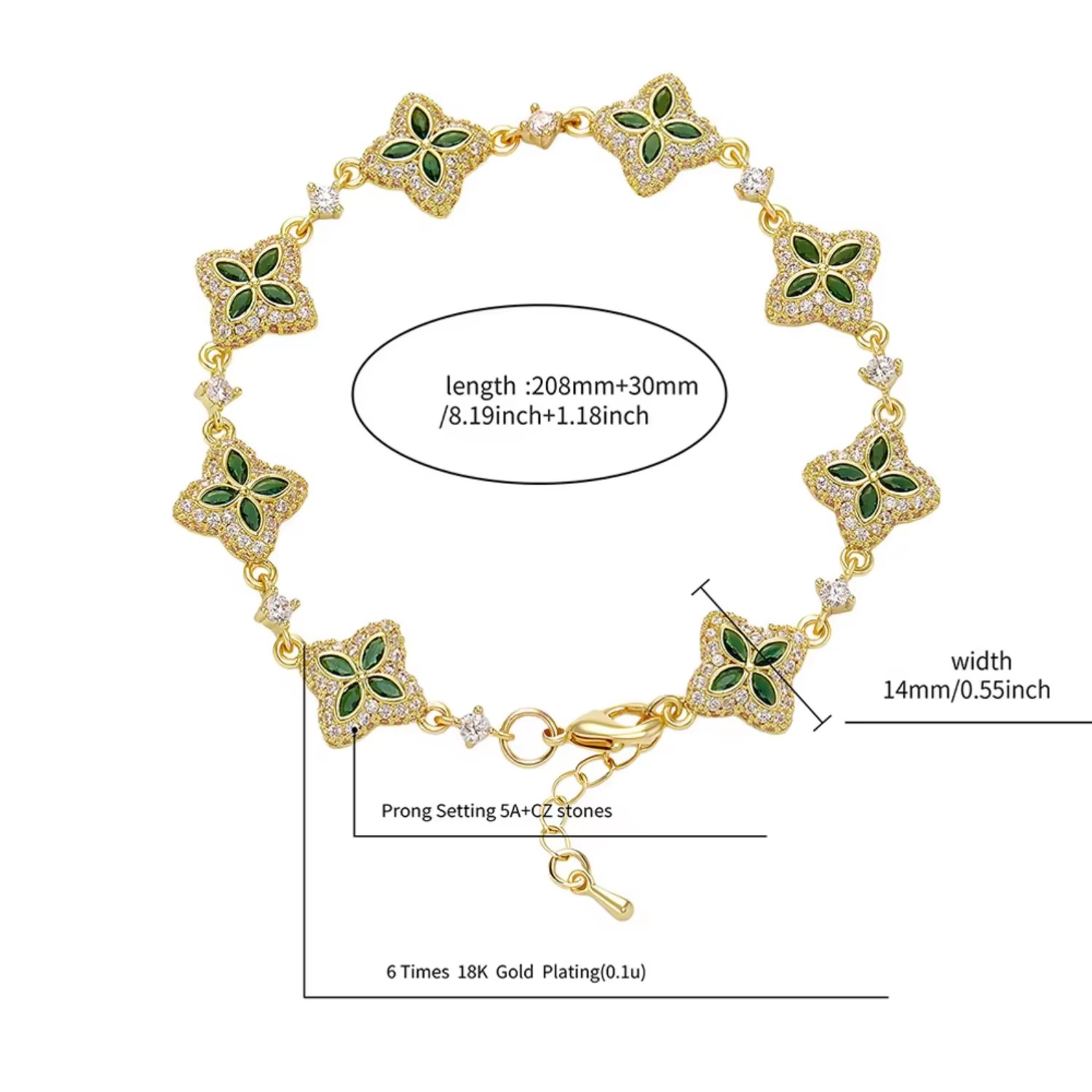Four Leaf Clover Bracelet Women Men Jewelry Gifts 18K Gold Plated Brass Charm Link Cubic Zirconia 5A CZ Clover Tennis Bracelet
