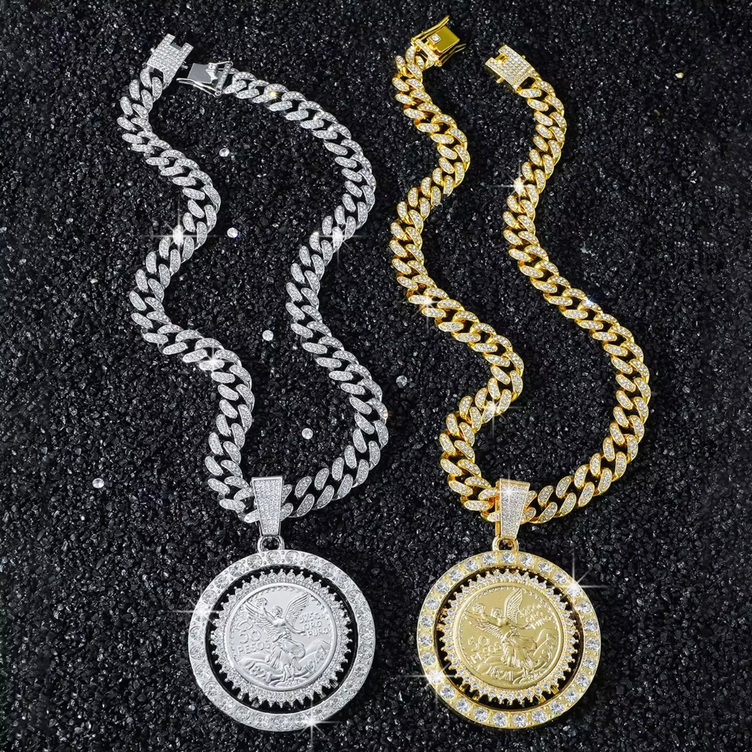 Gold Iced Mexican Coin Pendant Double CZ Border Miami Cuban Chain Hip Hop Men Jewelry