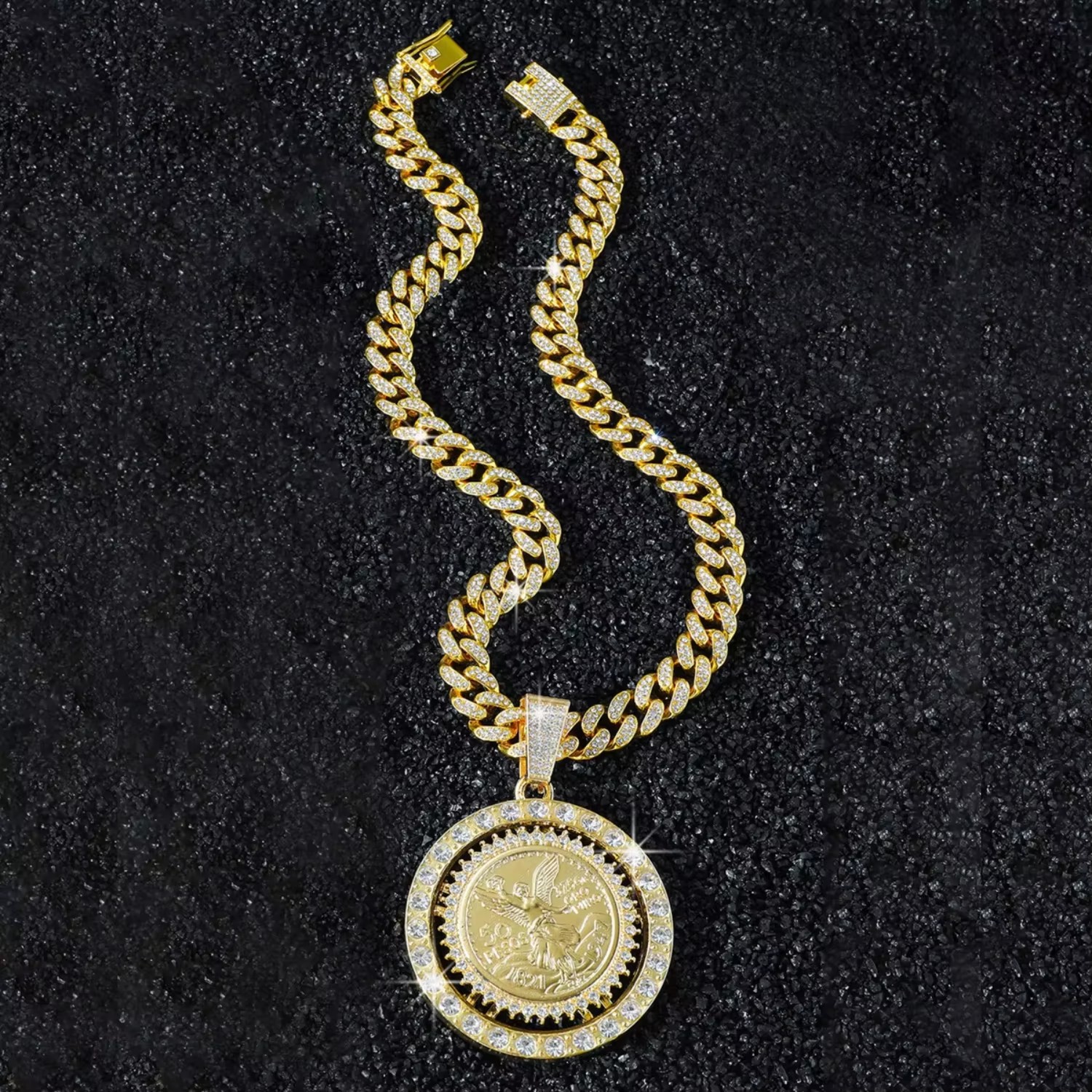 Gold Iced Mexican Coin Pendant Double CZ Border Miami Cuban Chain Hip Hop Men Jewelry