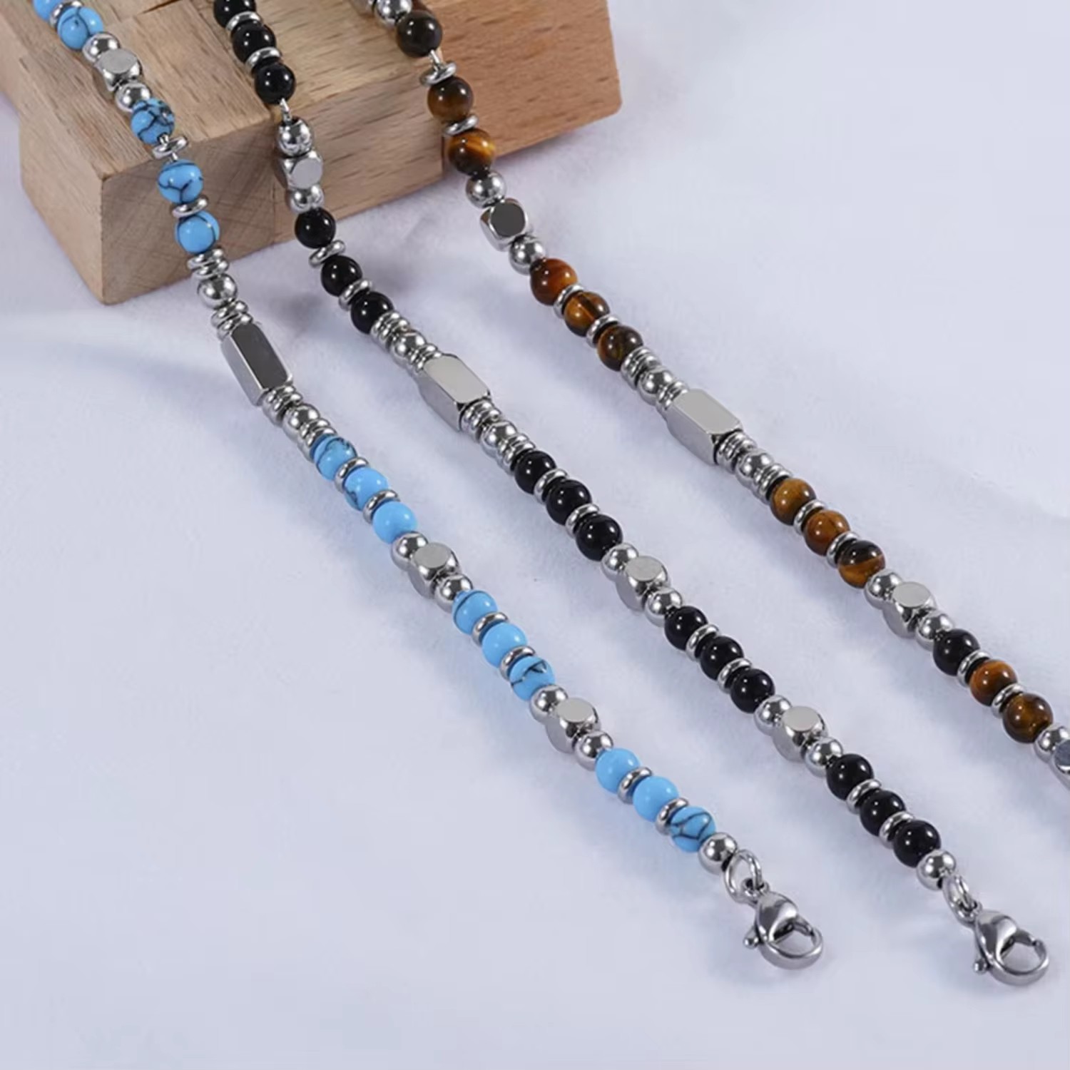 Womens Boho Adjustable Stackable Beaded Stainless Steel Natural Stone Link Men Non Tarnish Waterproof Handmade Bead Bracelet