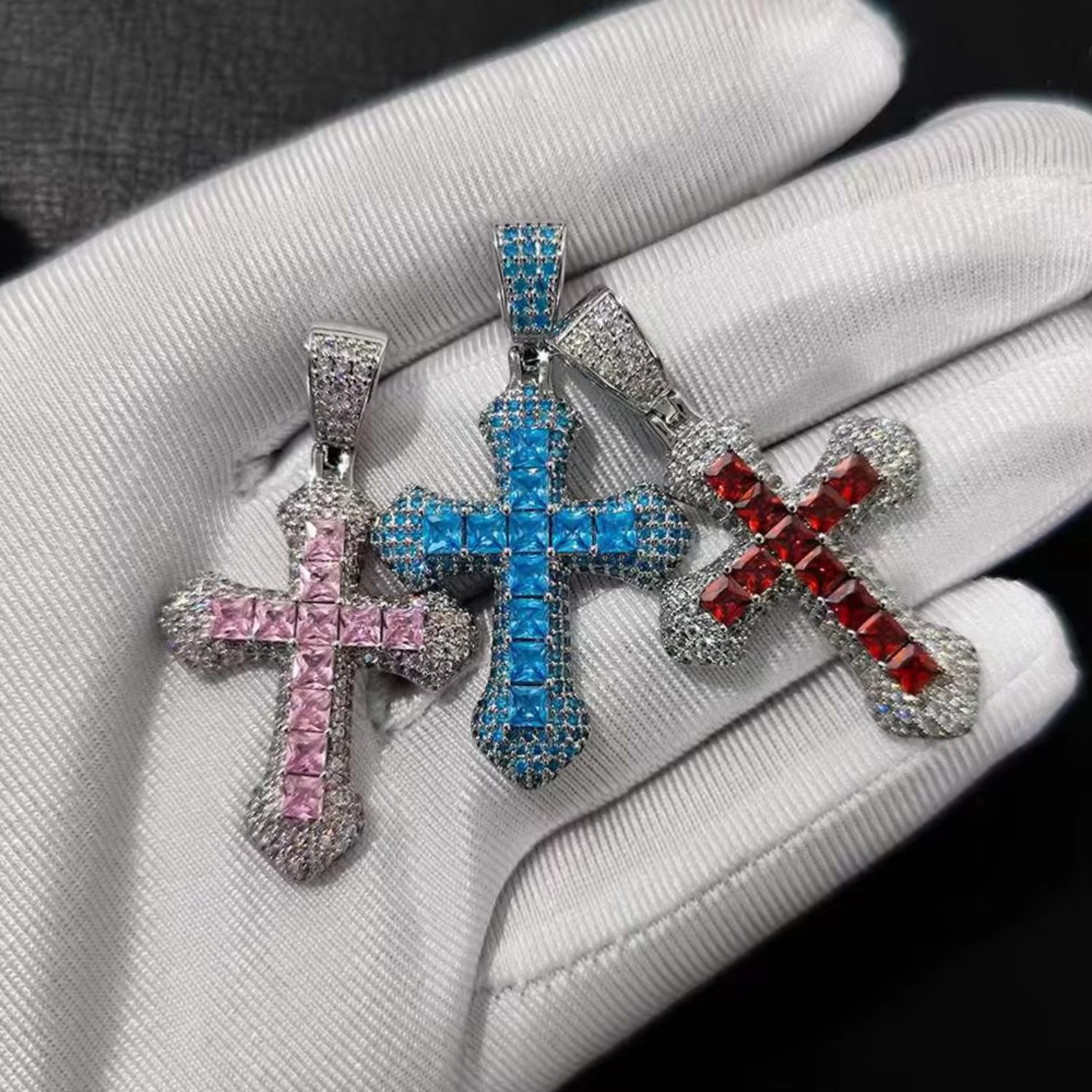 Iced Out Colorful Cross Pendant Rope Chain Gold Plated Hip Hop Jewelry Gifts 5A CZ Cubic Zirconia Charm Necklace for Men Women
