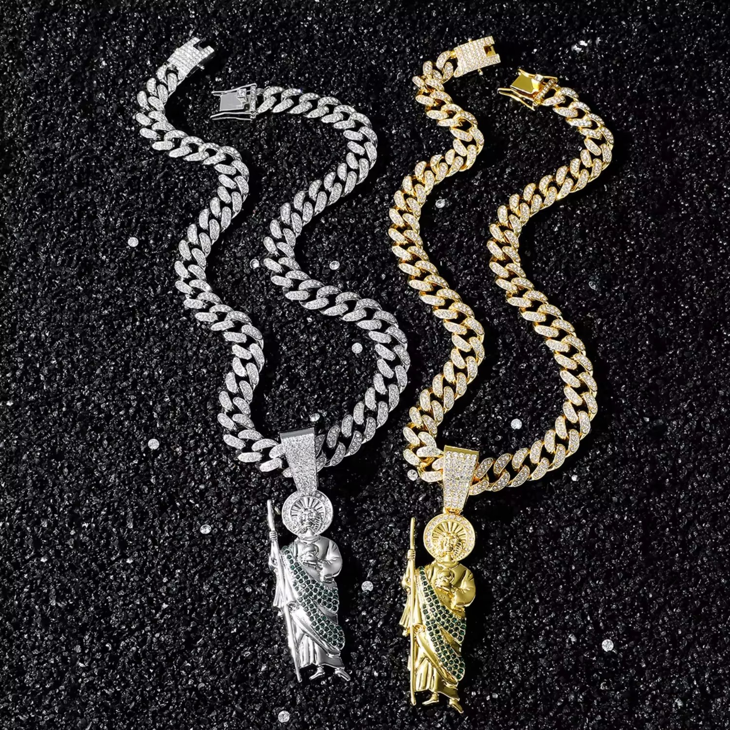 Two Tone Green White CZ Saint Jude Pendant Necklace Iced Miami Cuban Chain Hip Hop Men Jewelry