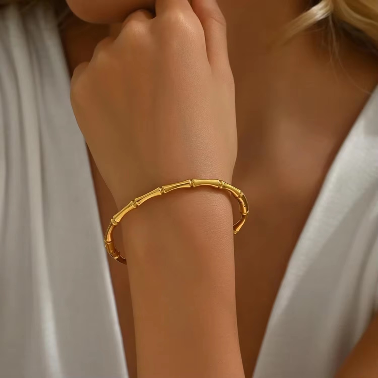 Women 18K Gold Plated Bamboo Style Bangle Bracelets Dainty Stainless Steel Jewelry Gifts Hidden Safety Clasp Open Clasp Bangle