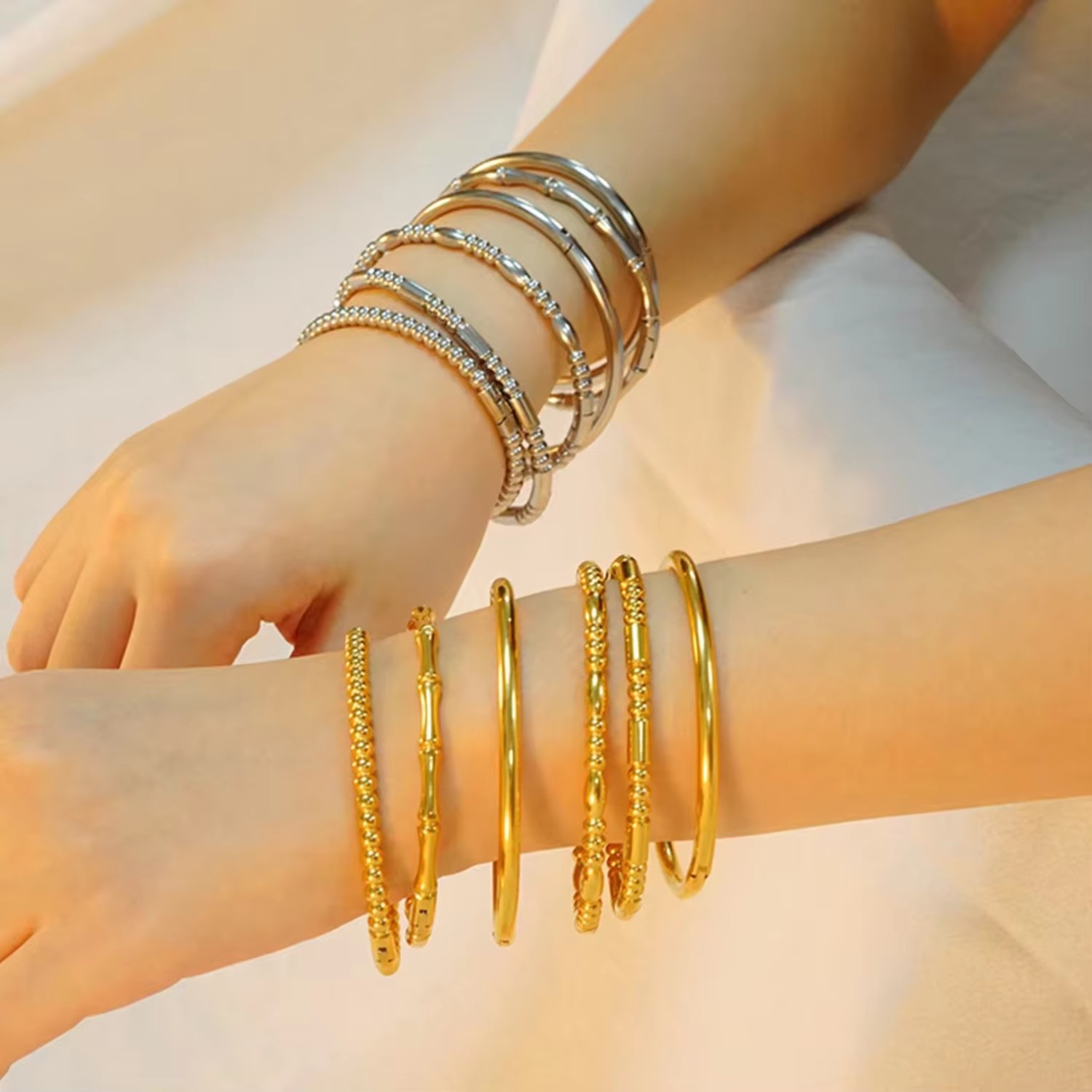Women 18K Gold Plated Bamboo Style Bangle Bracelets Dainty Stainless Steel Jewelry Gifts Hidden Safety Clasp Open Clasp Bangle