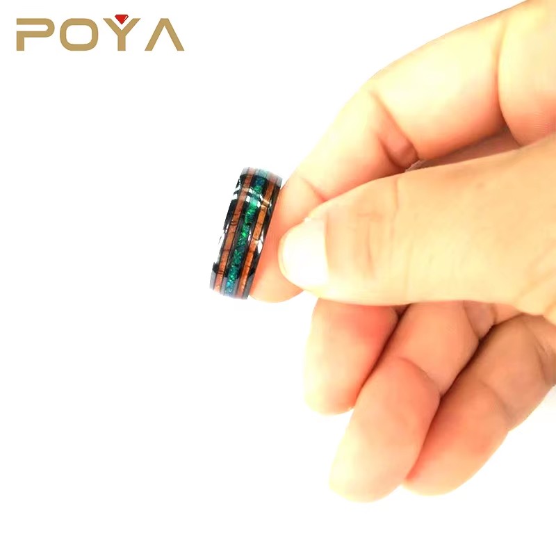 Jewelry 8mm Dome Black Ceramic Opal and Koa Wood Inlay Man's Dainty Ring