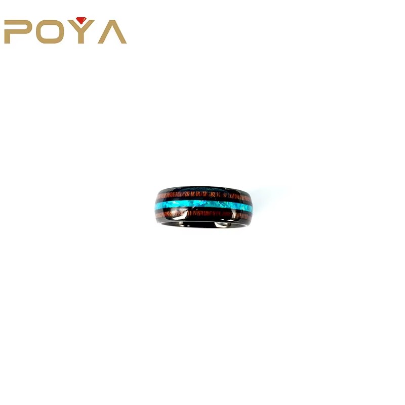 8mm Black Tungsten Ring Koa Wood Opal Inlay Wedding Band Comfort Fit