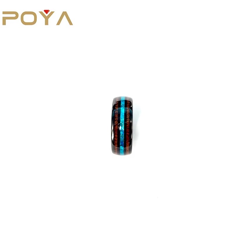 8mm Black Tungsten Ring Koa Wood Opal Inlay Wedding Band Comfort Fit