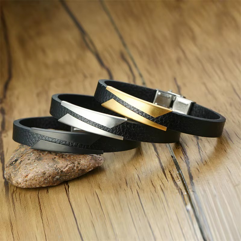Jewelry European and American Fashionable Men Stainless Steel Inclined Sheet Curved Brand Ultrafine Leather Bracelet