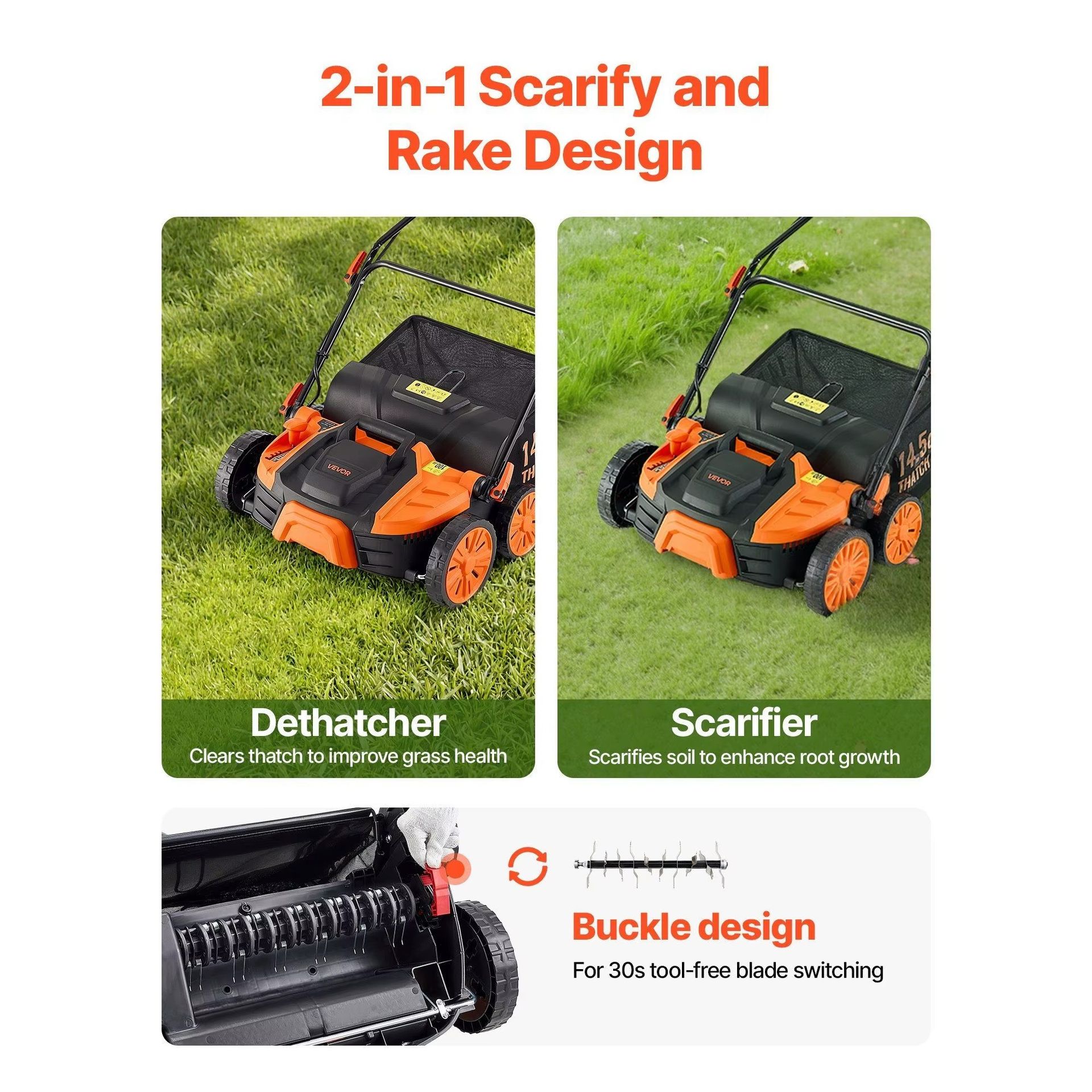 Electric 16 Inch 2 in 1 Scarifier Lawn Mower with 14.5 Gallon Thatch Bag Corded 15 Amp 120 V 15mm Cutting Height