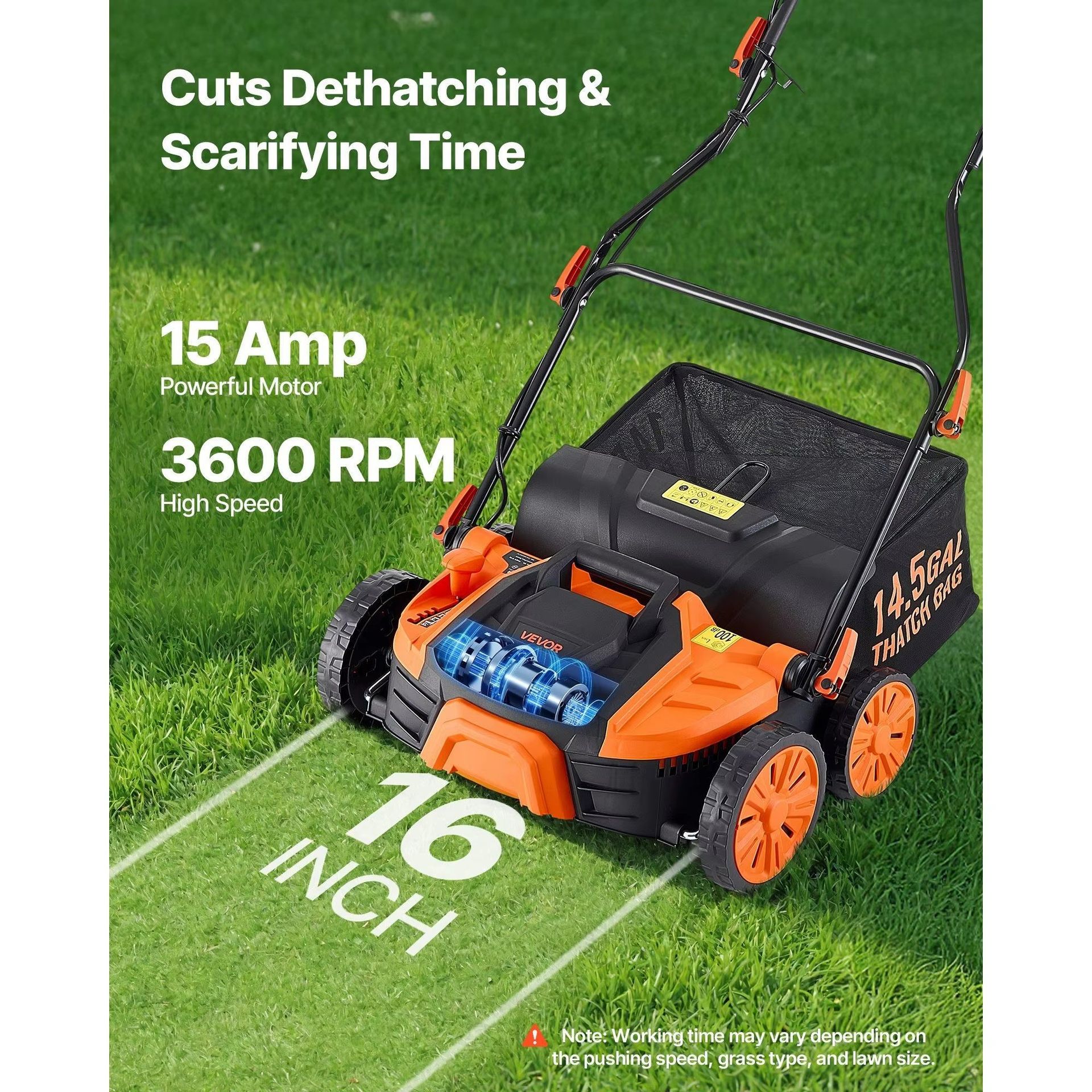 Electric 16 Inch 2 in 1 Scarifier Lawn Mower with 14.5 Gallon Thatch Bag Corded 15 Amp 120 V 15mm Cutting Height