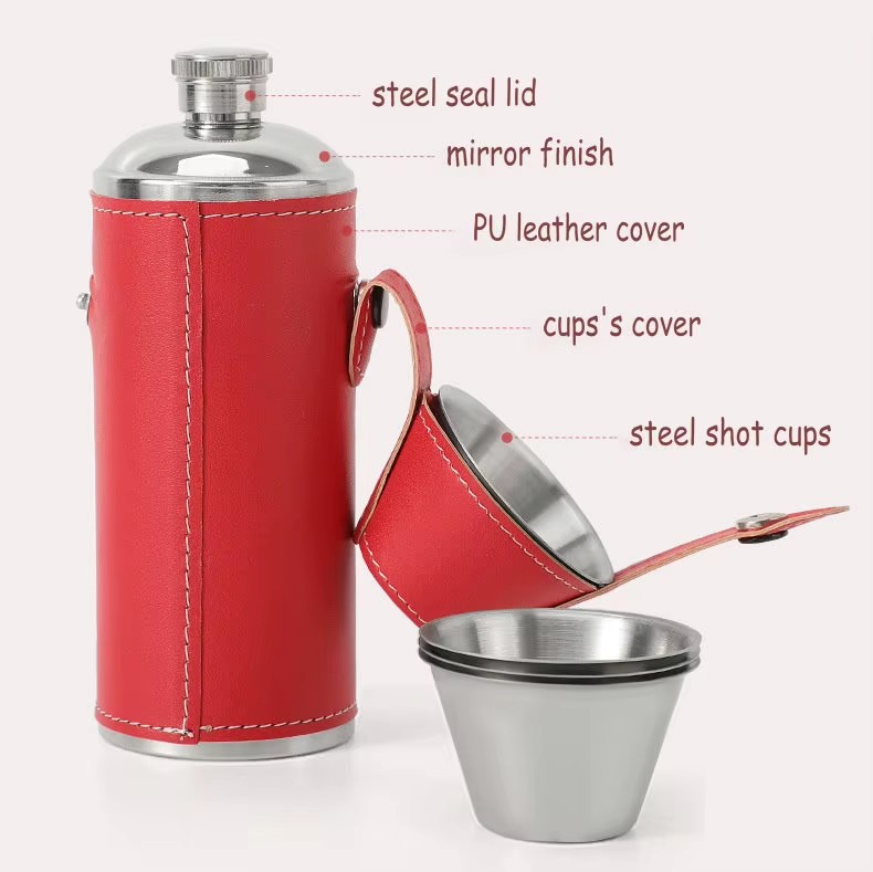 Cylinder Hip Flask, Stainless Steel Hip Flask,8oz 12oz Leather Flask with 4 Cups
