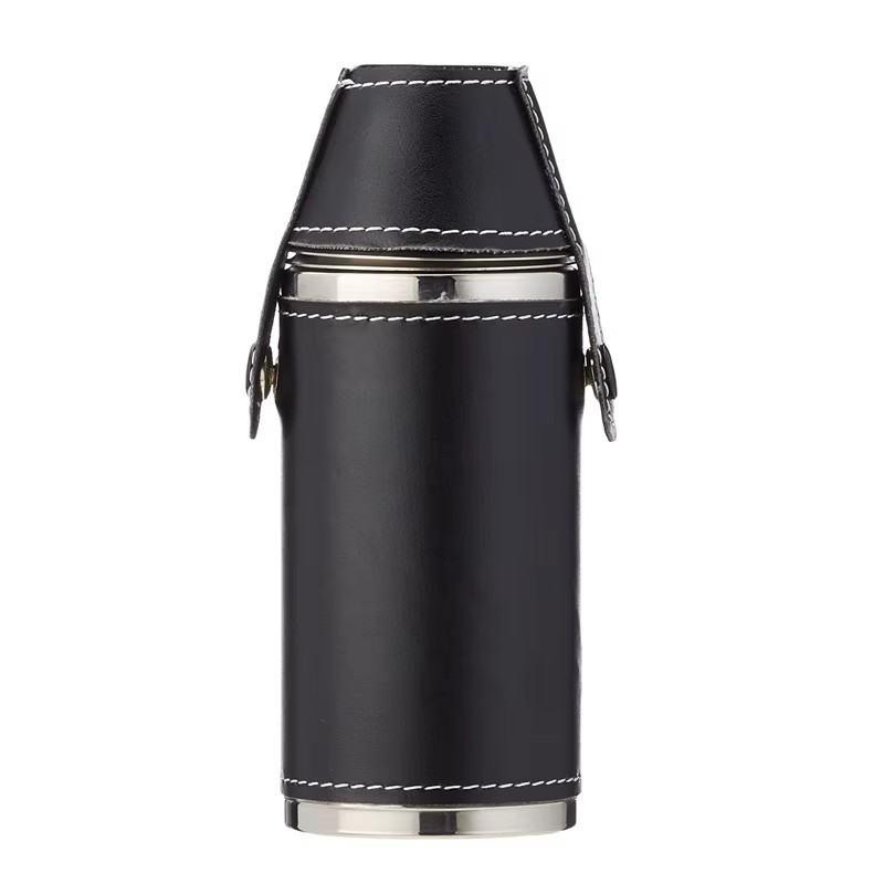 Cylinder Hip Flask, Stainless Steel Hip Flask,8oz 12oz Leather Flask with 4 Cups
