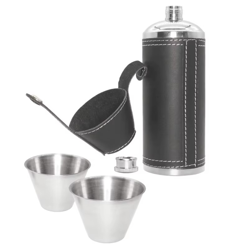 Cylinder Hip Flask, Stainless Steel Hip Flask,8oz 12oz Leather Flask with 4 Cups