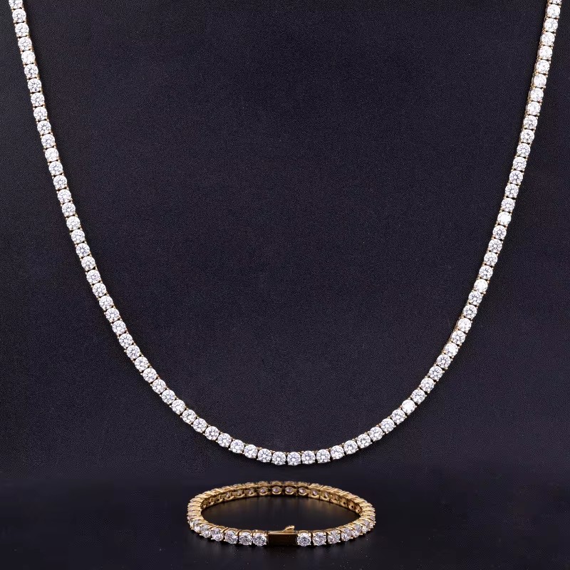 316 Stainless Steel 3mm 4mm 5mm Rose Gold Tennis Luxury Iced CZ 18K Gold Plated Moissanite Tennis Chain Necklace Jewelry Set
