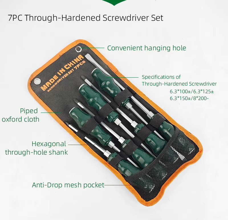 7PC Through-Hardened Screwdriver Set with Oxford Cloth Pouch & Hexagonal Shank