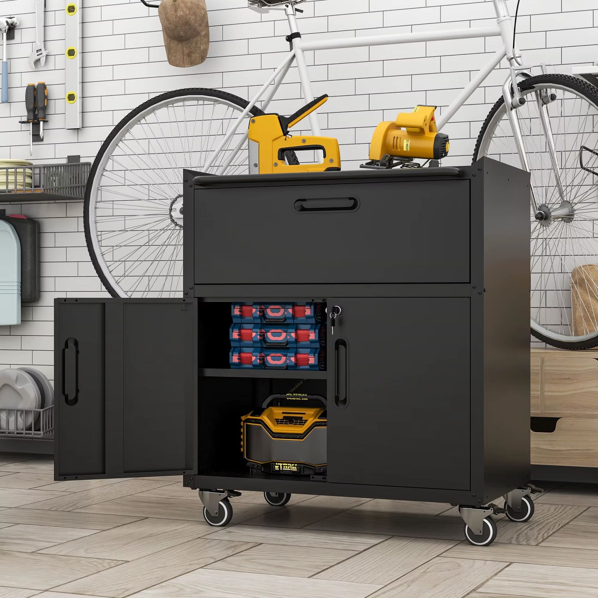 1-Drawer 2-Locking-Door Rolling Tool Storage Cabinet Sturdy Metal