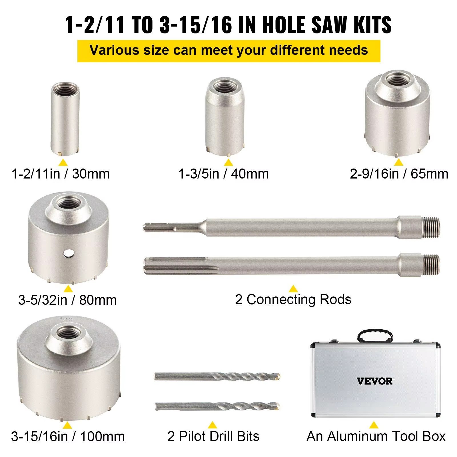 Concrete Hole Saw Kit 1-2/11 1-3/5 2-9/16 3-5/32 3-15/16 Inch SDS Plus Max Shank Wall Cutter Drill Bits