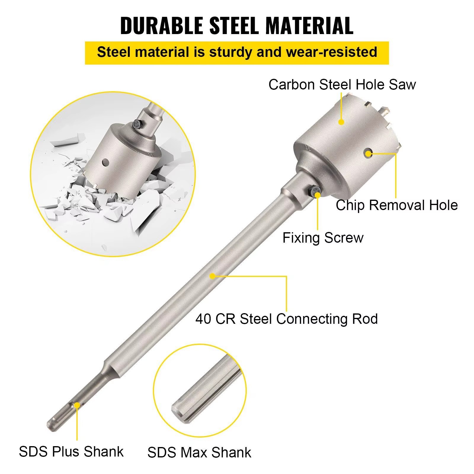 Concrete Hole Saw Kit 1-2/11 1-3/5 2-9/16 3-5/32 3-15/16 Inch SDS Plus Max Shank Wall Cutter Drill Bits