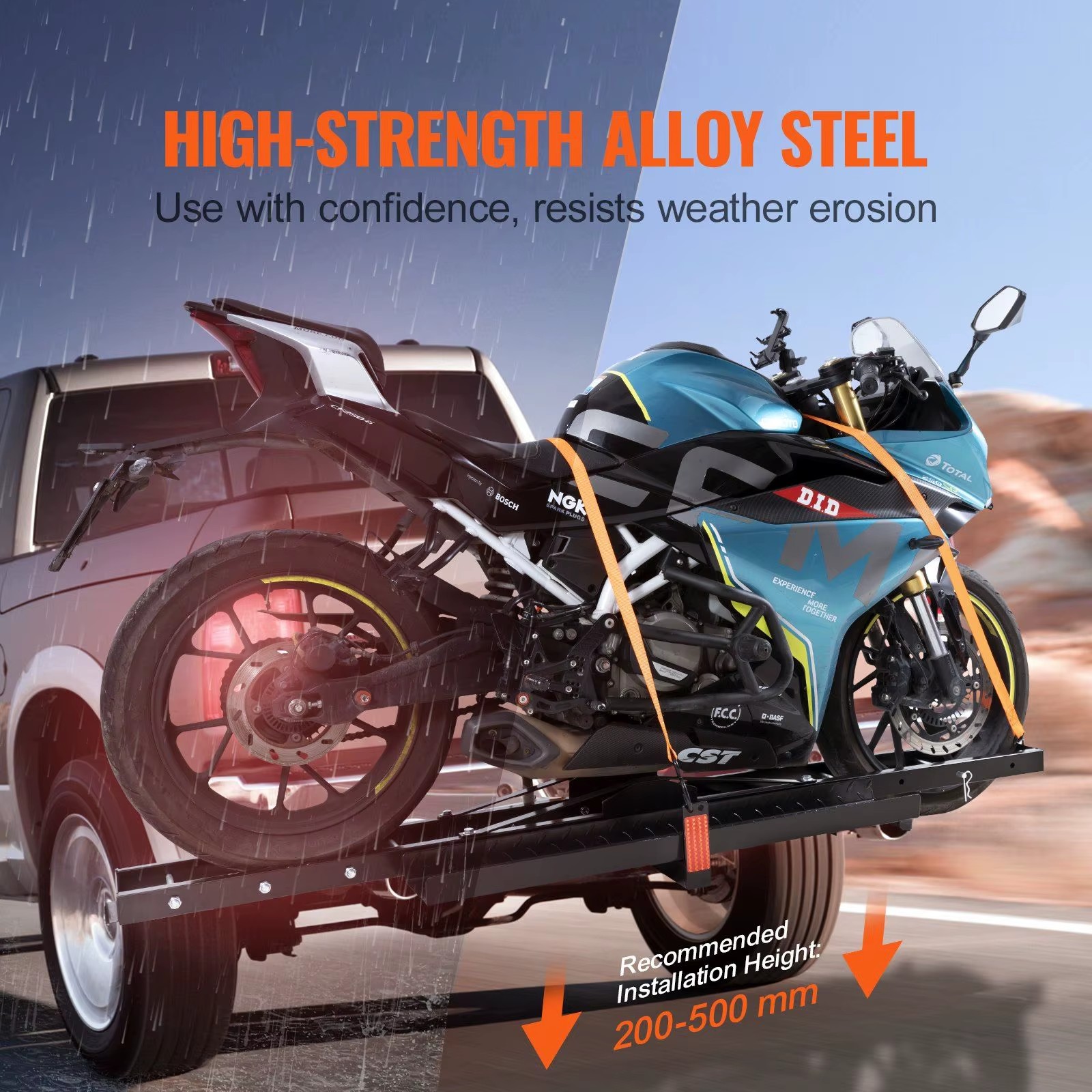 Steel Motorcycle Carrier 600 Lbs Capacity Hitch Mount Ramp Customizable Incline Dirt Bike Scooter Ratchet Straps Stabilizer
