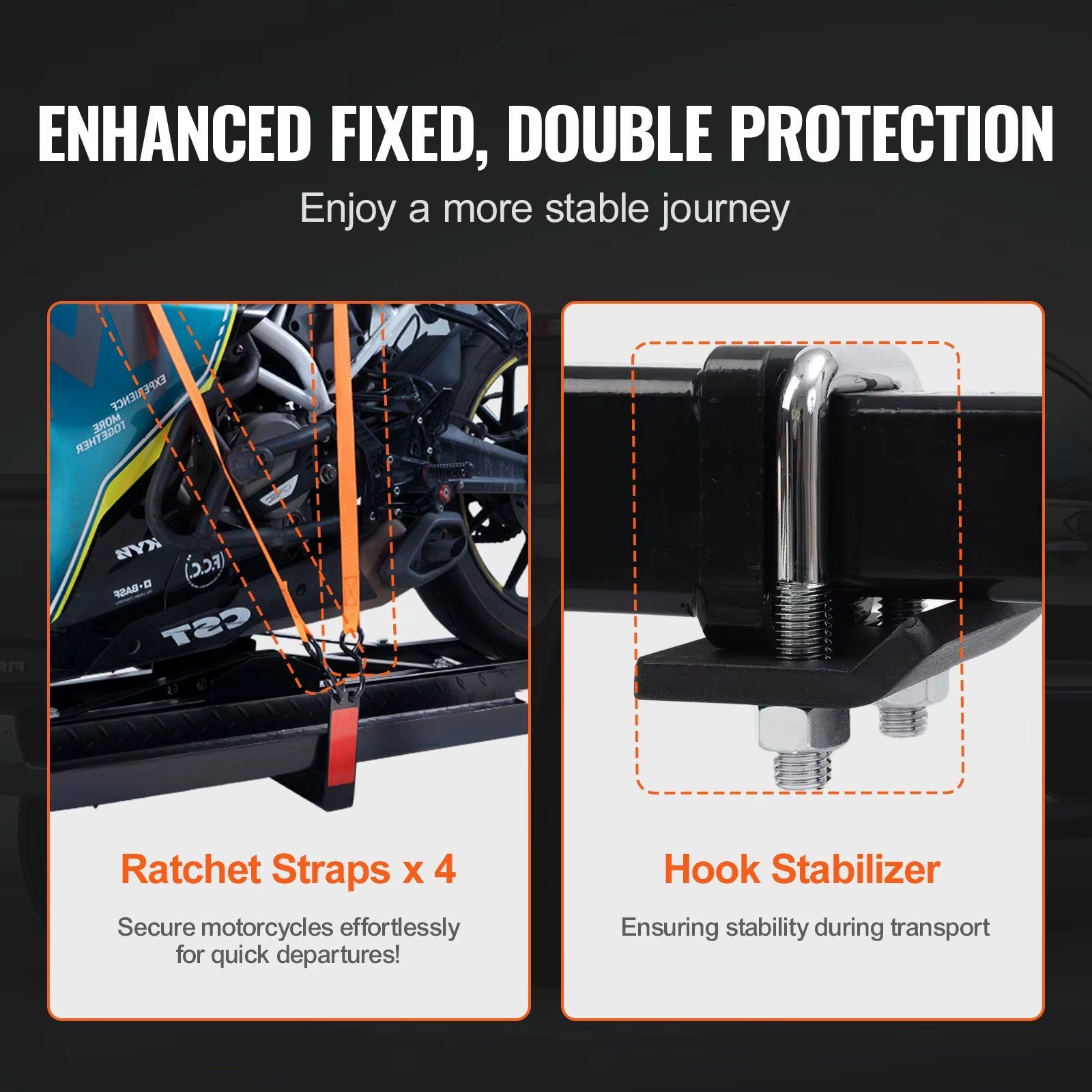 Steel Motorcycle Carrier 600 Lbs Capacity Hitch Mount Ramp Customizable Incline Dirt Bike Scooter Ratchet Straps Stabilizer