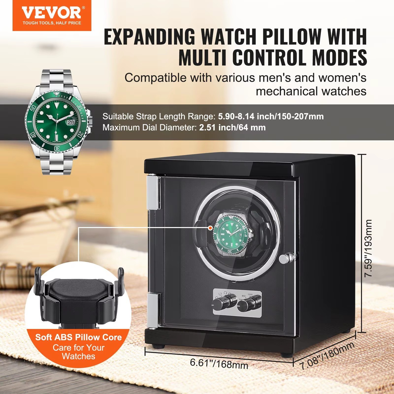 Single Watch Winder Japanese Mabuchi Motor Super Quiet Black PU Shell Blue LED Light Men's Mechanical Watches